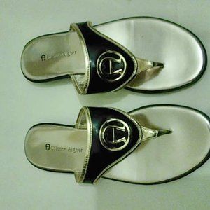 Etienne Aigner Black and Gold Leather Thong Slip-On Sandals Women's Size 8M